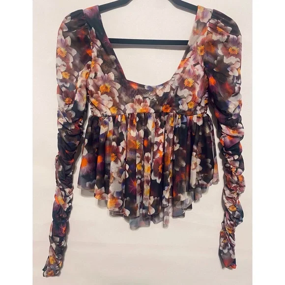 Urban Outfitters Floral Ruffle Ruched Mesh Long Sleeve Babydoll Top, Size S - Picture 3 of 9